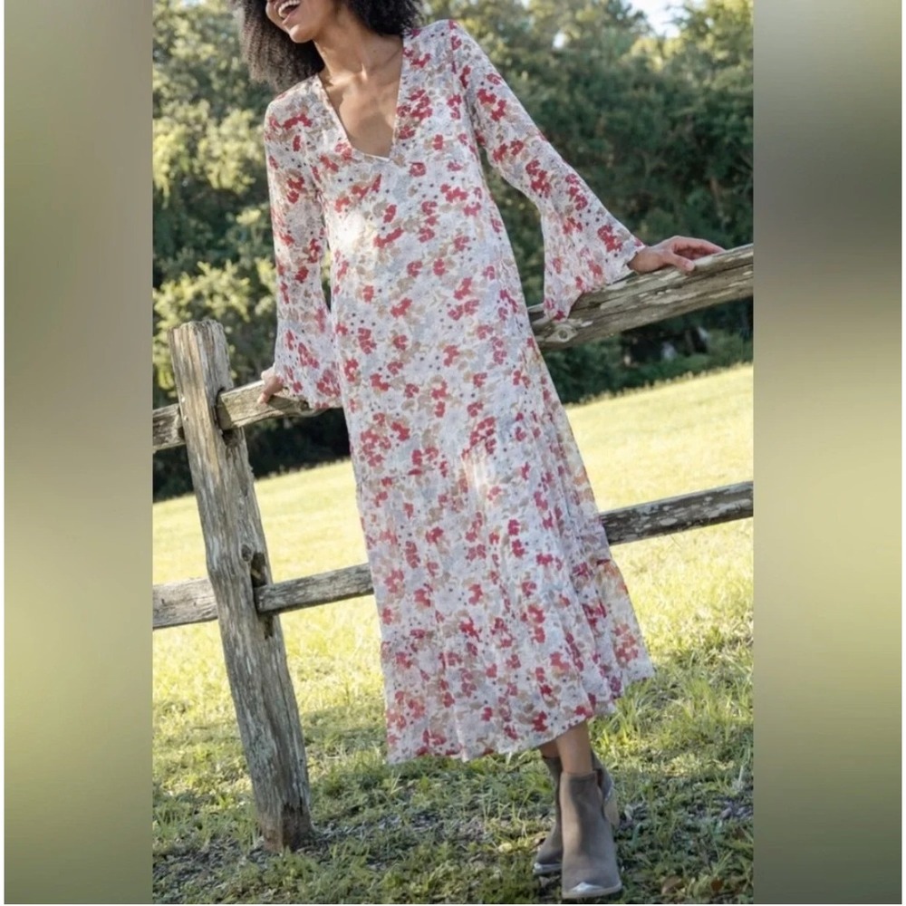 Natural Life Dance with Me Sheer Multi Floral Maxi Dress Large Bell Sleeve